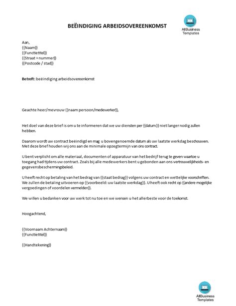 Gratis Arbeidsovereenkomst beëindigingsbrief