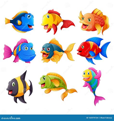 Colección De Adorables Peces De Dibujos Animados Ilustración del Vector