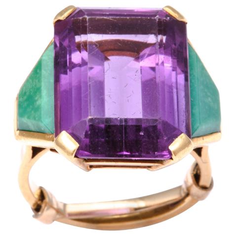 Stunning Retro Amethyst Ring With Amazonite Baguettes Amethyst