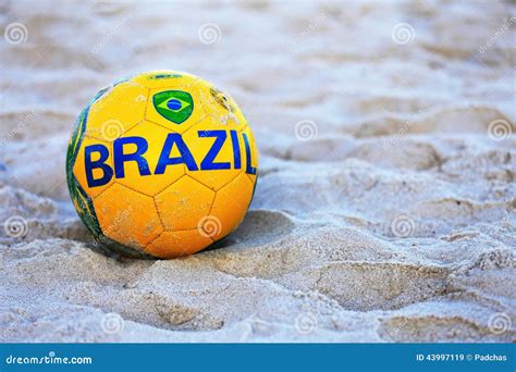 Football With The Flag Of Brazil At Copacabana Beach Stock Image