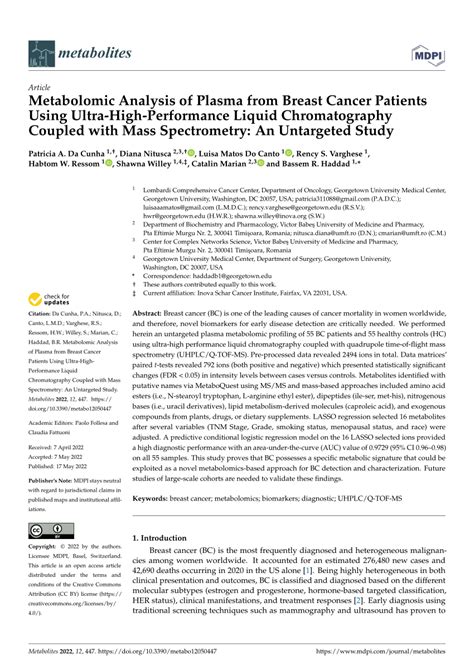 PDF Metabolomic Analysis Of Plasma From Breast Cancer Patients Using