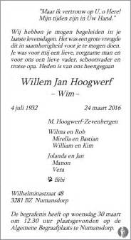 Willem Jan Wim Hoogwerf Overlijdensbericht En Condoleances