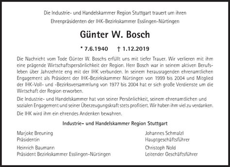 Traueranzeigen von Günter W Bosch zeit des gedenkens de