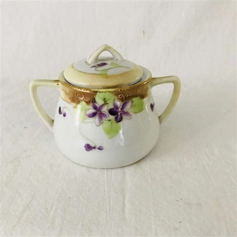 Antique Nippon Hand Painted Sugar Bowl Lidded Dish Raised Gold Trim