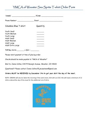 Fillable Online Ymca Of Wooster Sea Sprite T Shirt Order Form Fax Email