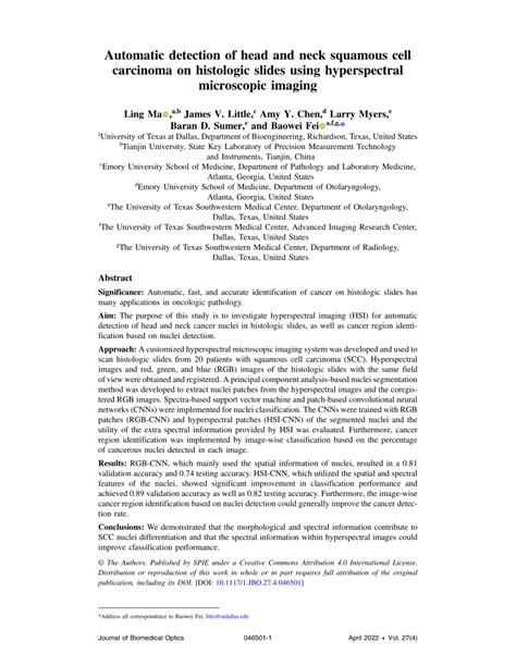 Pdf Automatic Detection Of Head And Neck Squamous Cell Carcinoma On Histologic Slides Using