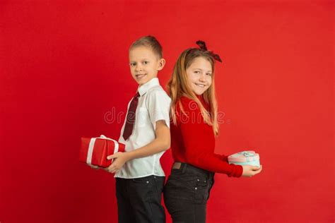 Valentine`s Day Celebration, Happy Caucasian Kids Isolated on Red ...