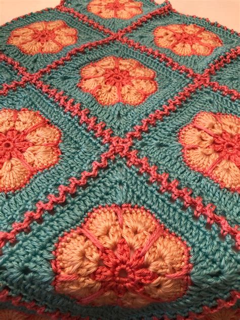 African Flower Floral Afghan Throw In Coral Peach And Green Etsy