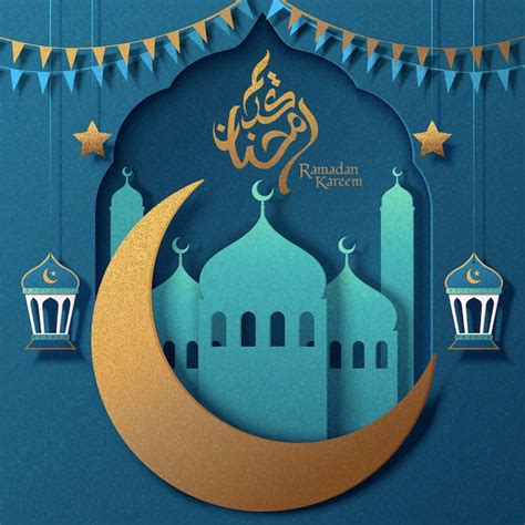 Tarjeta De Felicitación Turquesa De Ramadan Kareem Con Mezquita De Arte