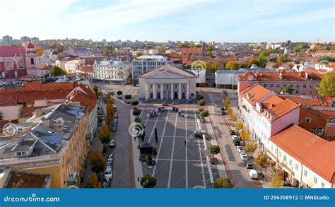 Aerial Sunny Autumn Morning View Of The Town Hall Square Vilnius