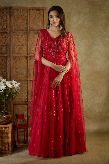 Buy Red Net Embroidered Sequin V Neck Gown For Women By Mehak Murpana