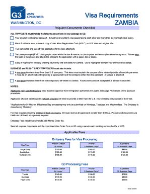 Fillable Online Visa Requirements ZAMBIA G3 Visas Passports Fax