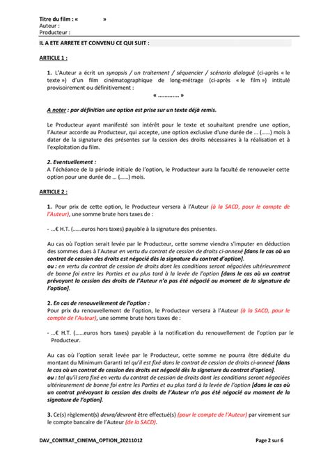 Modele De Contrat D Option Cinema Doc Pdf Page Sur