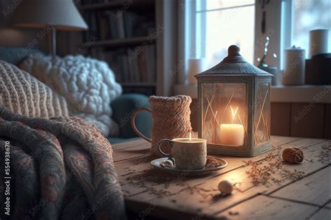 Warm And Cozy Winter Hygge Interior Lantern Candle Light And A Mug