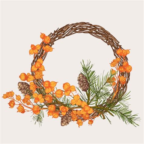 Premium Vector Handdrawn Sketch Autumn Wreath With Pine Cones Berries