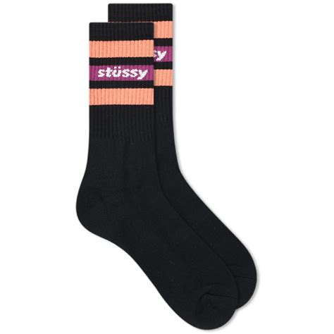 Stussy Stripe Crew Sock Black And Coral End