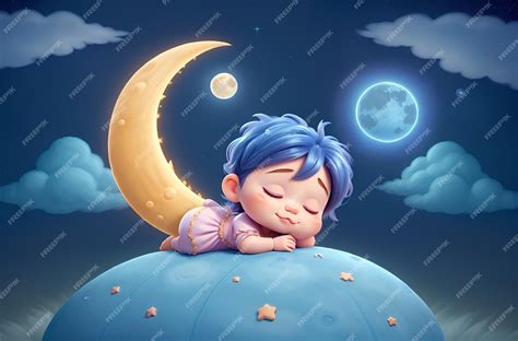 Premium AI Image | cute funny baby lullaby cartoon sleeping on Moon and star galaxy fantasy ...