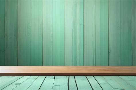 Premium Photo Empty Wooden Deck Table Over Mint Wallpaper Background