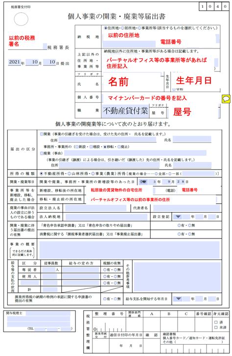 個人事業の開業・廃業等届出書 例 自分年金を築く