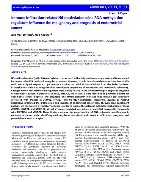 Pdf Immune Infiltration Related N6 Methyladenosine Rna Methylation