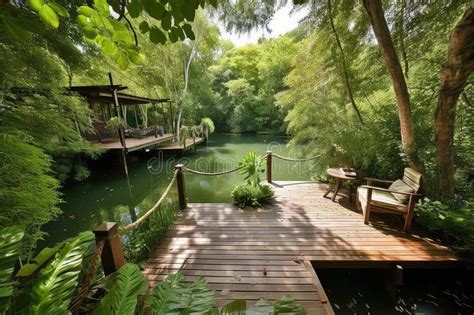 Rustic Deck Surrounded By Lush Greenery And Tranquil Waters Stock Photo