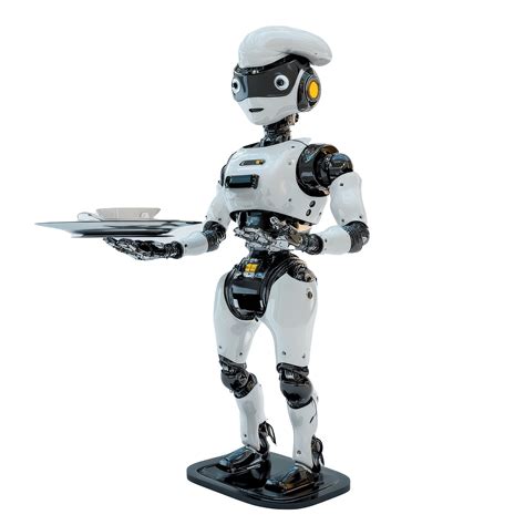 Robot waiter holding a tray with a cup on a transparent background in a