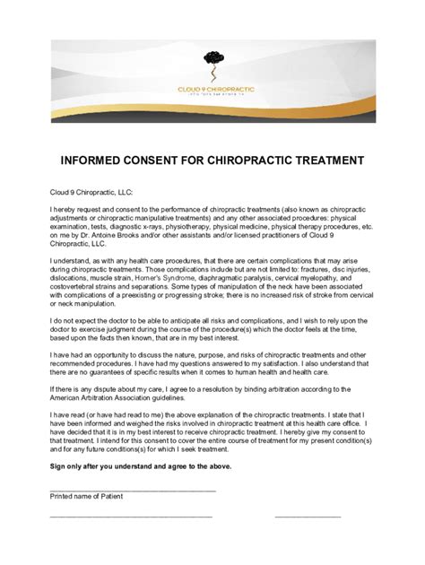 Fillable Online Informed Consent For Chiropractic Treatment And Care Dr