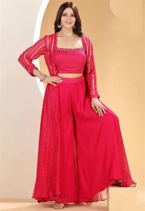 Buy Embroidered Georgette Crop Top Jacket Set In Pink Online TKL330