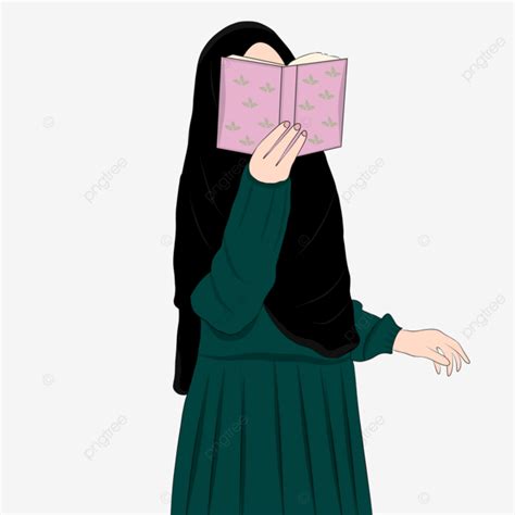 Muslimah Cartoon Reading A Transparent Illustration Book Muslim