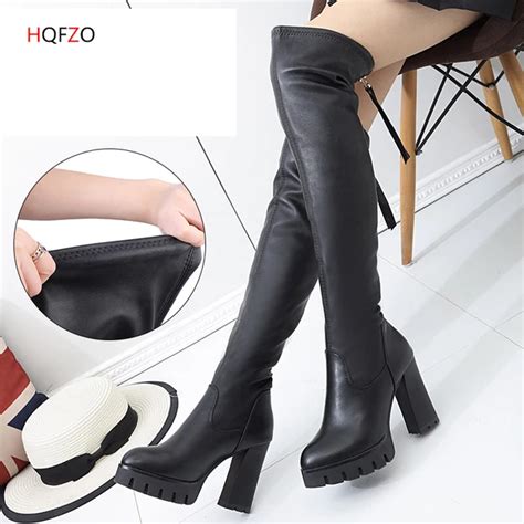 Hqfzo Leather Women Long Boots Over The Knee Boots Platform Sexy Female