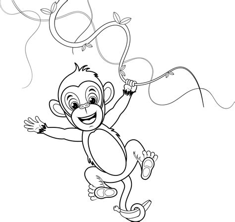 Coloring Page Cheerful Monkey Hanging On A Vine And Holding A Banana