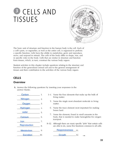 Anatomy And Physiology Chapter 3 Cells Worksheets Answers Printable