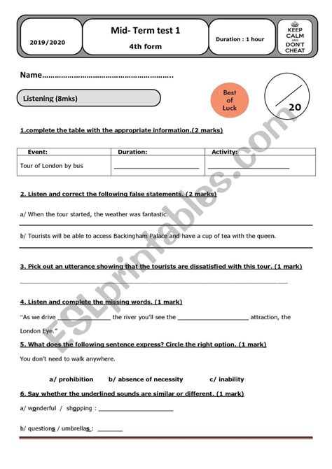 Th Form Mid Term Test Esl Worksheet By Walidich