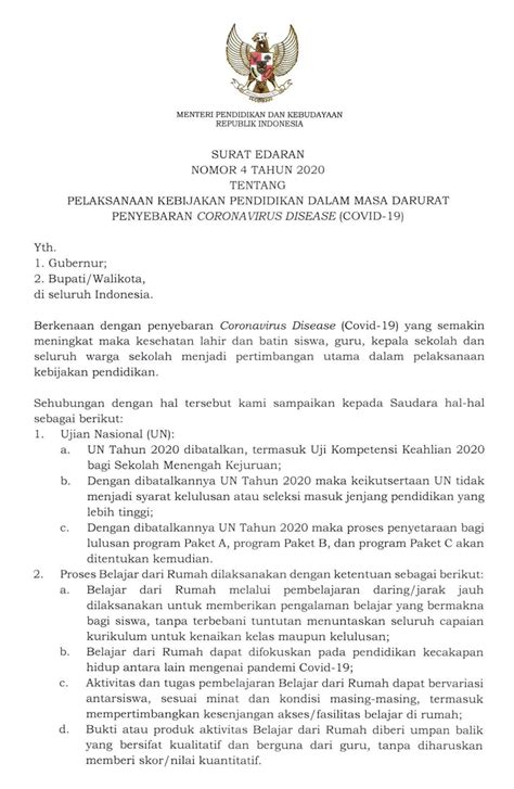 Catat Surat Edaran Mendikbud Nomor 4 Tahun 2020 Tentang Pelaksanaan