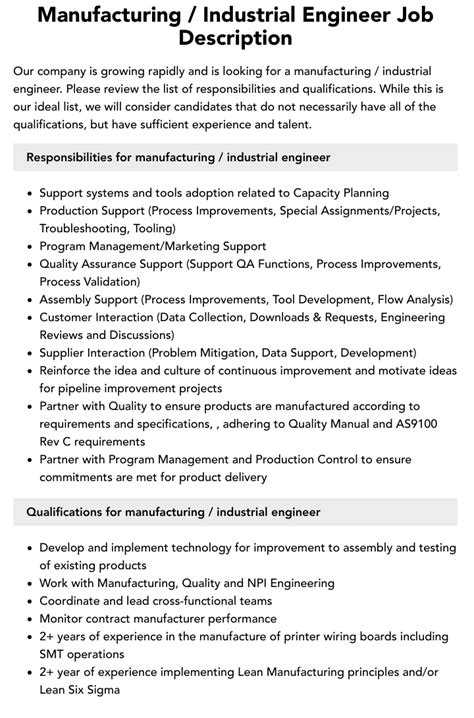 Manufacturing Industrial Engineer Job Description Velvet Jobs