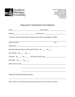 Fillable Online Nmu Request For Verification Of Enrollment Nmu Fax