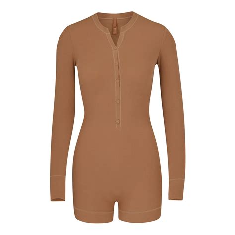 Soft Lounge Button Up Henley Onesie Camel Skims