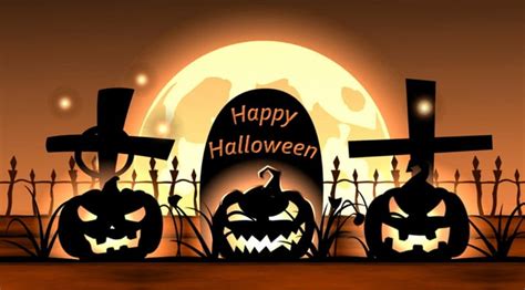 Happy Halloween Fence Jack O Lanterns Cemetery Tombstones Moon