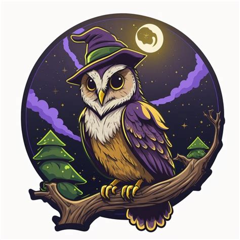 There Is A Cartoon Owl Wearing A Witch Hat Sitting On A Branch