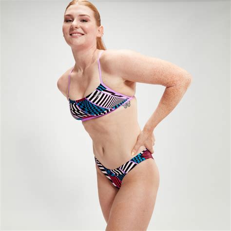 Women S Allover Digital Crossback Bikini Top Black White Red Speedo UK