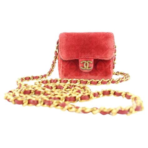 Chanel Micro Nano Red Quilted Velvet Mini Classic Flap Chain Bag