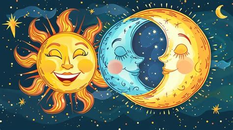 A Cartoon Illustration Of A Smiling Sun And Moon With A Starry