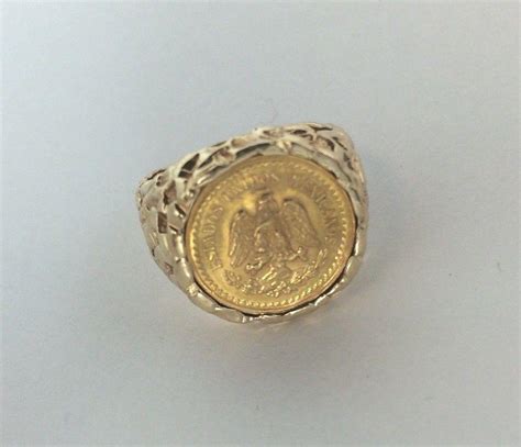 1945 Dos Pesos Coin Ring 22K Gold Coin - 14K Textured Yellow Gold Band ...