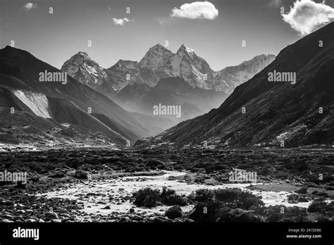 Dramatic Black And White View Of The Ama Dablam Mountain Along The