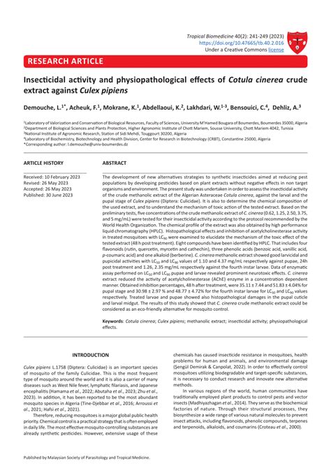 Pdf Insecticidal Activity And Physiopathological Effects Of Cotula