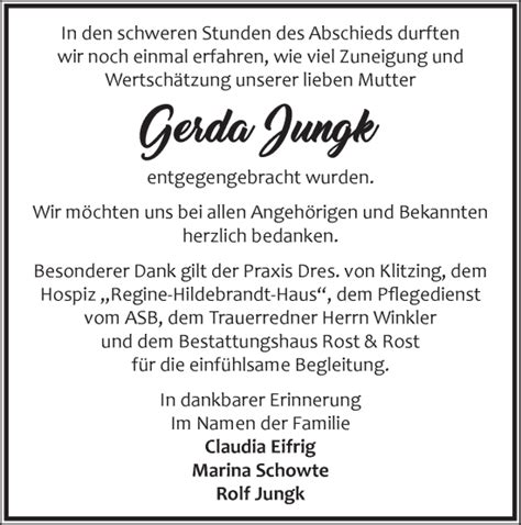 Traueranzeigen von Gerda Jungk Märkische Onlinezeitung Trauerportal