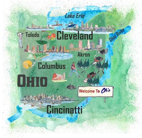 USA Ohio State Illustrated Travel Poster Map With Touristic - Etsy