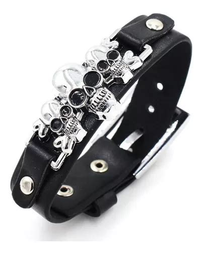 Pulsera De Craneos Hombre Cuero Negro 3 Calaveras Ajustable Meses