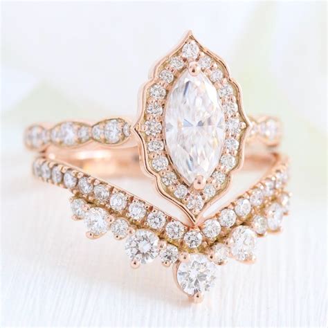 Marquise Moissanite Ring Rose Gold And Curved Diamond Wedding Set