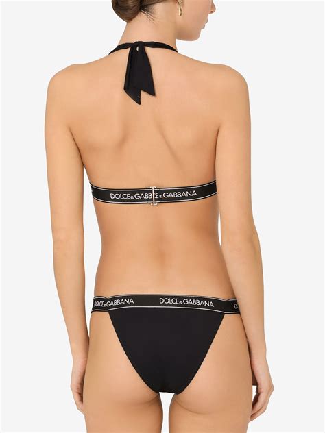 Dolce Gabbana Halterneck Logo Tape Bikini In Black Modesens